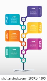 Development and growth of the business. Time line of trends. Business presentation concept of 6 parts, steps or processes. Vertical Timeline or infographics with 6 options.