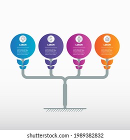 Development and growth of the business. Tree or Timeline of trends. Business concept with 4 parts, steps or points. Horizontal infographics with four options, research in science and technology.