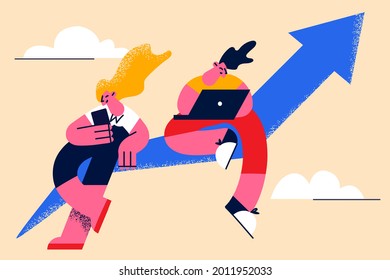 Development, growth data analysis concept. Two young business people colleagues sitting on huge growing arrow working on laptops with financial statistics vector illustration