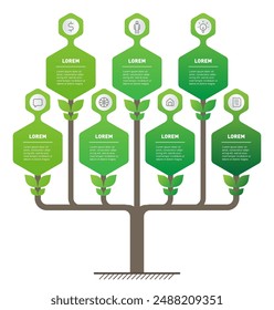 Development and growth of the eco business. Business concept in the form of plants with seven steps. Infographics or tree with 7 options, research in science and Green technology.