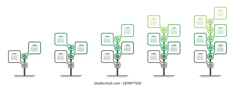 Desarrollo y crecimiento de la tecnología verde en el mundo. Presentación empresarial con cinco pasos o procesos.Gráfico informativo. Conjunto de infografías verticales o líneas de tiempo con 2, 3, 4, 5 y 6 partes.