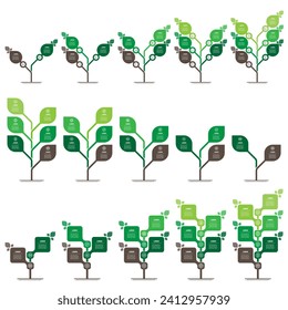 Development and growth of the green technology in the world. Business presentation with steps or processes. Infographic. Set of infographics or timelines with 2, 3, 4, 5 and 6 parts.