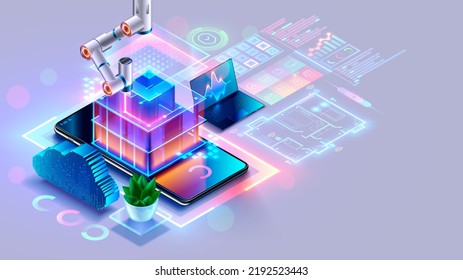 Development of hardware, software system of smart building. Architectural engineering of smart house. 3d draft of building, engineering communications. Phone controls IOT of smart building. IOT system