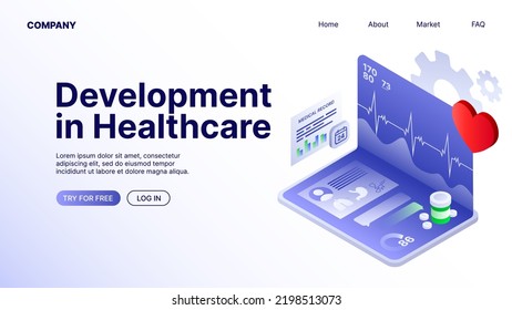 Development in HealthCare Banner. White Landing Page for Website. Vector illustration