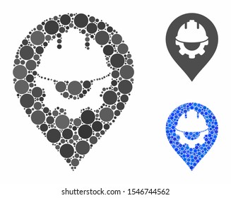 Development helmet marker mosaic of circle elements in various sizes and color tones, based on development helmet marker icon. Vector round elements are organized into blue mosaic.