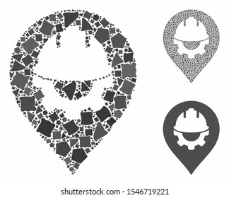 Development helmet marker mosaic of tremulant pieces in different sizes and color tints, based on development helmet marker icon. Vector rough pieces are composed into collage.