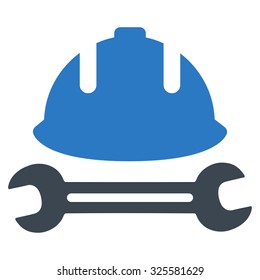 Development (helmet and wrench) vector icon. Style is bicolor flat symbol, smooth blue colors, rounded angles, white background.