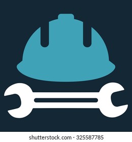Development (helmet and wrench) vector icon. Style is bicolor flat symbol, blue and white colors, rounded angles, dark blue background.