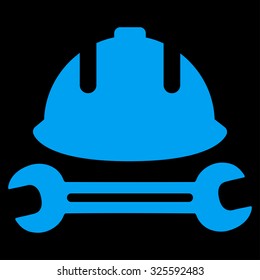 Development (helmet and wrench) vector icon. Style is flat symbol, blue color, rounded angles, black background.