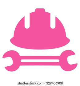Development (helmet and wrench) vector icon. Style is flat symbol, pink color, rounded angles, white background.