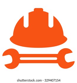 Development (helmet and wrench) vector icon. Style is flat symbol, orange color, rounded angles, white background.