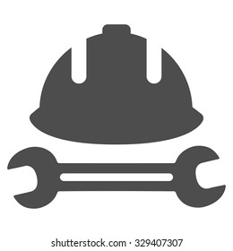 Development (helmet and wrench) vector icon. Style is flat symbol, gray color, rounded angles, white background.
