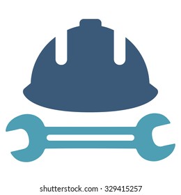 Development (helmet and wrench) vector icon. Style is bicolor flat symbol, cyan and blue colors, rounded angles, white background.