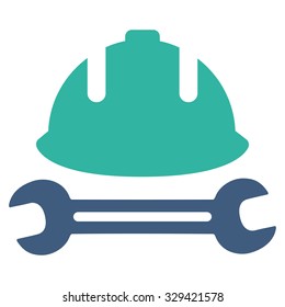 Development (helmet and wrench) vector icon. Style is bicolor flat symbol, cobalt and cyan colors, rounded angles, white background.