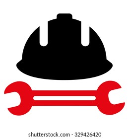 Development (helmet and wrench) vector icon. Style is bicolor flat symbol, intensive red and black colors, rounded angles, white background.