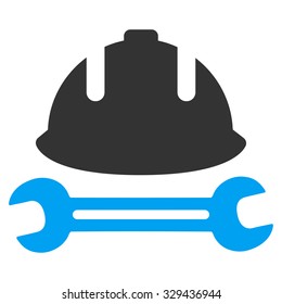 Development (helmet and wrench) vector icon. Style is bicolor flat symbol, blue and gray colors, rounded angles, white background.