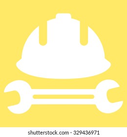 Development (helmet and wrench) vector icon. Style is flat symbol, white color, rounded angles, yellow background.
