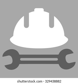 Development (helmet and wrench) vector icon. Style is bicolor flat symbol, dark gray and white colors, rounded angles, silver background.