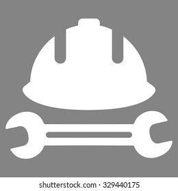 Development (helmet and wrench) vector icon. Style is flat symbol, white color, rounded angles, gray background.