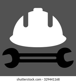 Development (helmet and wrench) vector icon. Style is bicolor flat symbol, black and white colors, rounded angles, gray background.