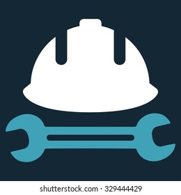 Development (helmet and wrench) vector icon. Style is bicolor flat symbol, blue and white colors, rounded angles, dark blue background.