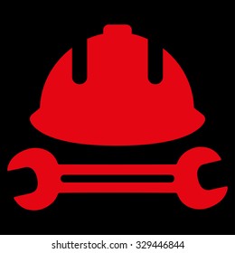 Development (helmet and wrench) vector icon. Style is flat symbol, red color, rounded angles, black background.