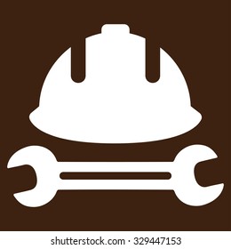 Development (helmet and wrench) vector icon. Style is flat symbol, white color, rounded angles, brown background.
