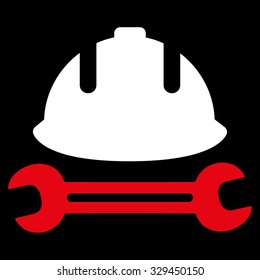 Development (helmet and wrench) vector icon. Style is bicolor flat symbol, red and white colors, rounded angles, black background.