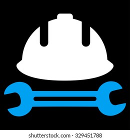 Development (helmet and wrench) vector icon. Style is bicolor flat symbol, blue and white colors, rounded angles, black background.
