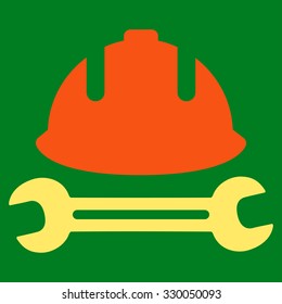 Development (helmet and wrench) vector icon. Style is bicolor flat symbol, orange and yellow colors, rounded angles, green background.