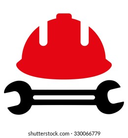 Development (helmet and wrench) vector icon. Style is bicolor flat symbol, intensive red and black colors, rounded angles, white background.