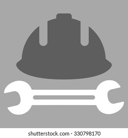 Development (helmet and wrench) vector icon. Style is bicolor flat symbol, dark gray and white colors, rounded angles, silver background.