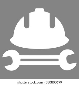 Development (helmet and wrench) vector icon. Style is flat symbol, white color, rounded angles, gray background.