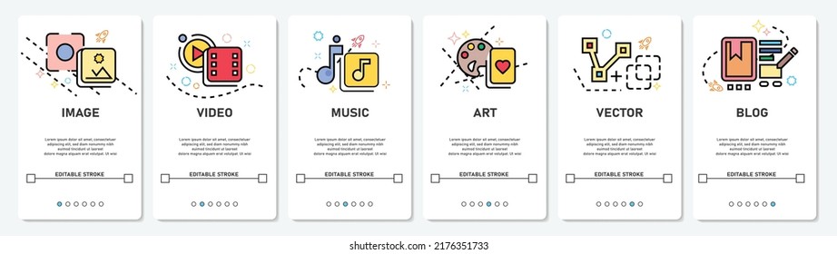 Development Hobby Menu Image, music, video, art, blog website, mobile app screens simple vektor flat design Illustration