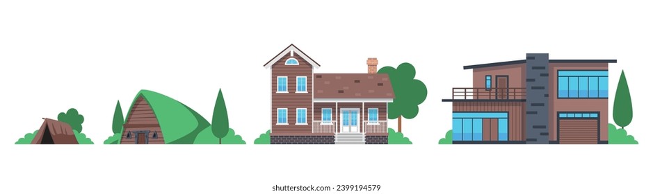 Development of human dwelling from shawl to modern villa. Evolution of house architecture, process. Old ancient age and contemporary building. Cartoon flat style isolated vector concept