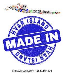Development Hvar Island map mosaic and MADE IN scratched watermark. Hvar Island map mosaic formed with wrenches,cogs,instruments,elements,transports,electricity bolts,details.