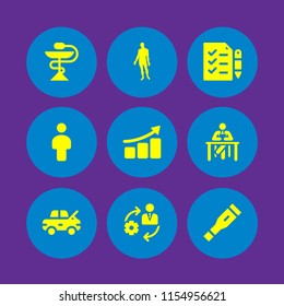 development icon. 9 development set with management, healthcare and medical, chart and test vector icons for web and mobile app