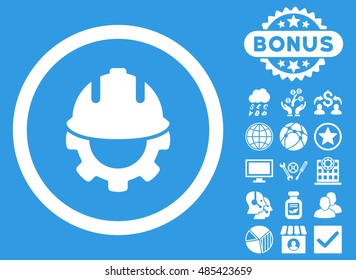 Development icon with bonus images. Vector illustration style is flat iconic symbols, white color, blue background.