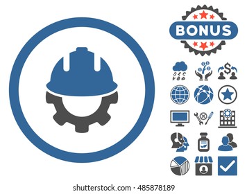 Development icon with bonus images. Vector illustration style is flat iconic bicolor symbols, cobalt and gray colors, white background.