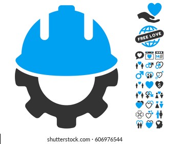 Development icon with bonus love symbols. Vector illustration style is flat iconic blue and gray symbols on white background.