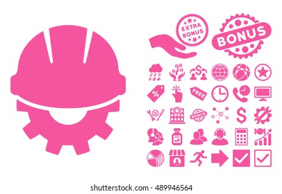 Development icon with bonus pictures. Vector illustration style is flat iconic symbols, pink color, white background.
