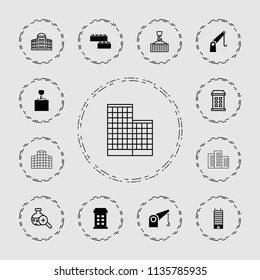 Development icon. collection of 13 development filled and outline icons such as building, hook with cargo, cargo crane. editable development icons for web and mobile.