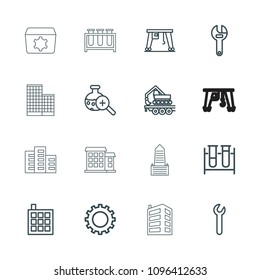 Development icon. collection of 16 development outline icons such as gear, building, wrench, test tube, cargo crane. editable development icons for web and mobile.