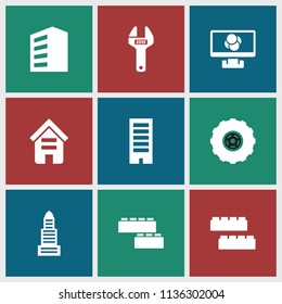 Development icon. collection of 9 development filled icons such as building, business center, child building kit, gear, wrench. editable development icons for web and mobile.