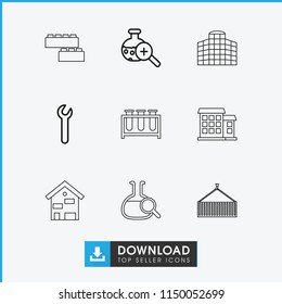 Development icon. collection of 9 development outline icons such as test tube search, wrench, building. editable development icons for web and mobile.