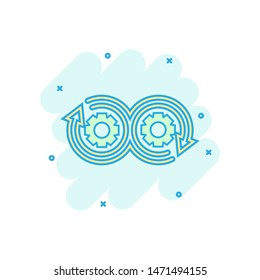 Development icon in comic style. Devops vector cartoon illustration on white isolated background. Cog with arrow business concept splash effect.