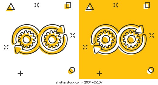 Development icon in comic style. Devops vector cartoon illustration on white isolated background. Cog with arrow business concept splash effect.