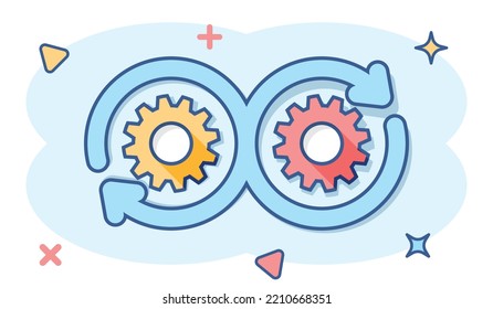 Development icon in comic style. Devops vector cartoon illustration on white isolated background. Cog with arrow business concept splash effect.