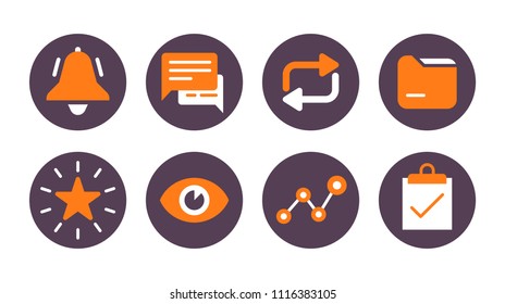 Development icon pack with the icons in the circle. Bell, chat, process arrows, folder, star, eye, diagram and board flat design icons. ector illustration. 