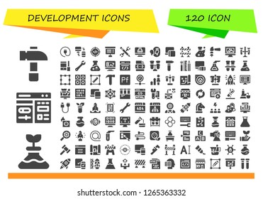 development icon set. 120 filled development icons. Simple modern icons about  - Hammer, Flask, Cms, Plug, Responsive, Code, Project, Configuration, Startup, Esteem, Barrier